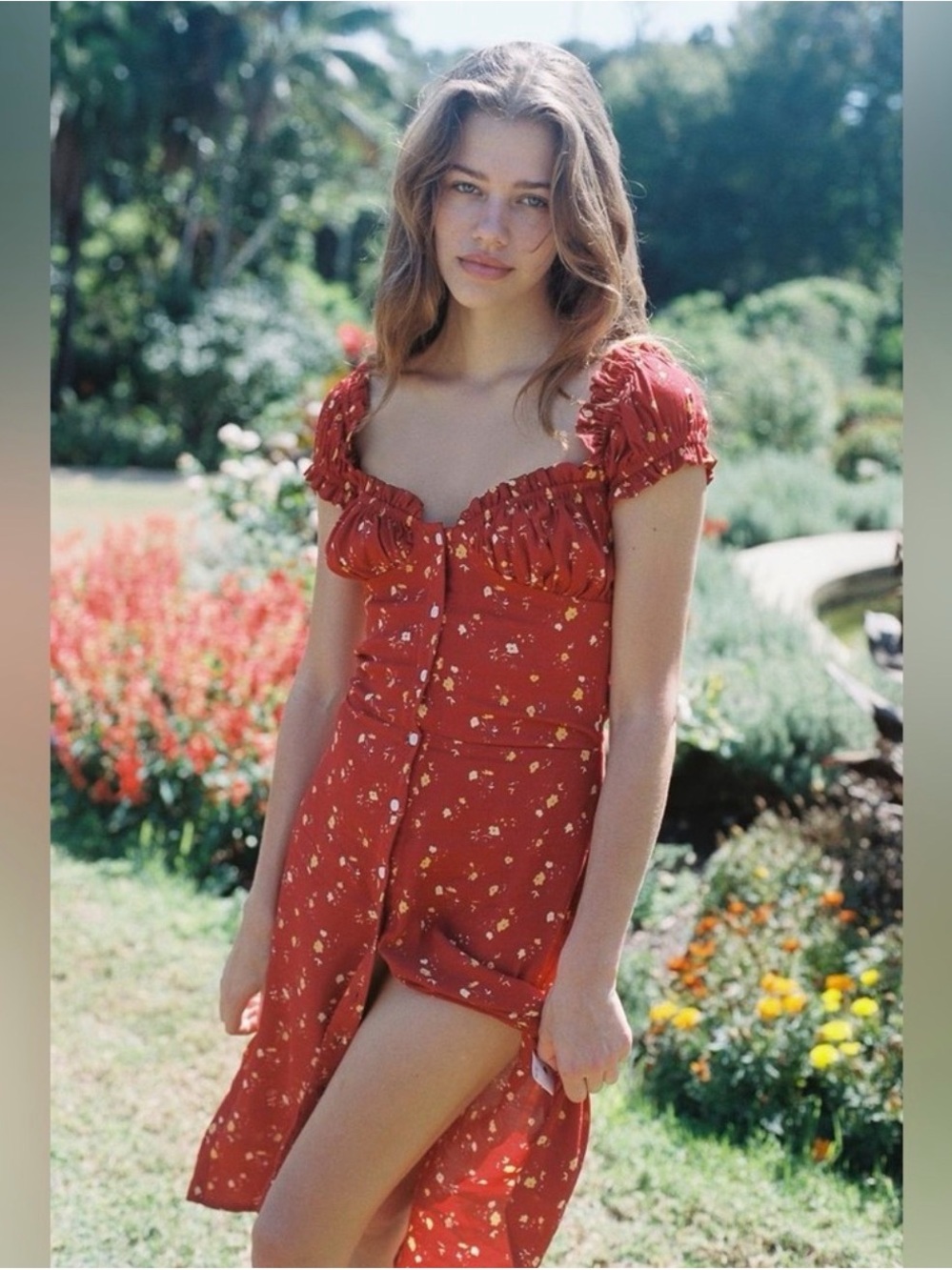 With Jean Red Floral Button-Front midi Dress size S, EUC